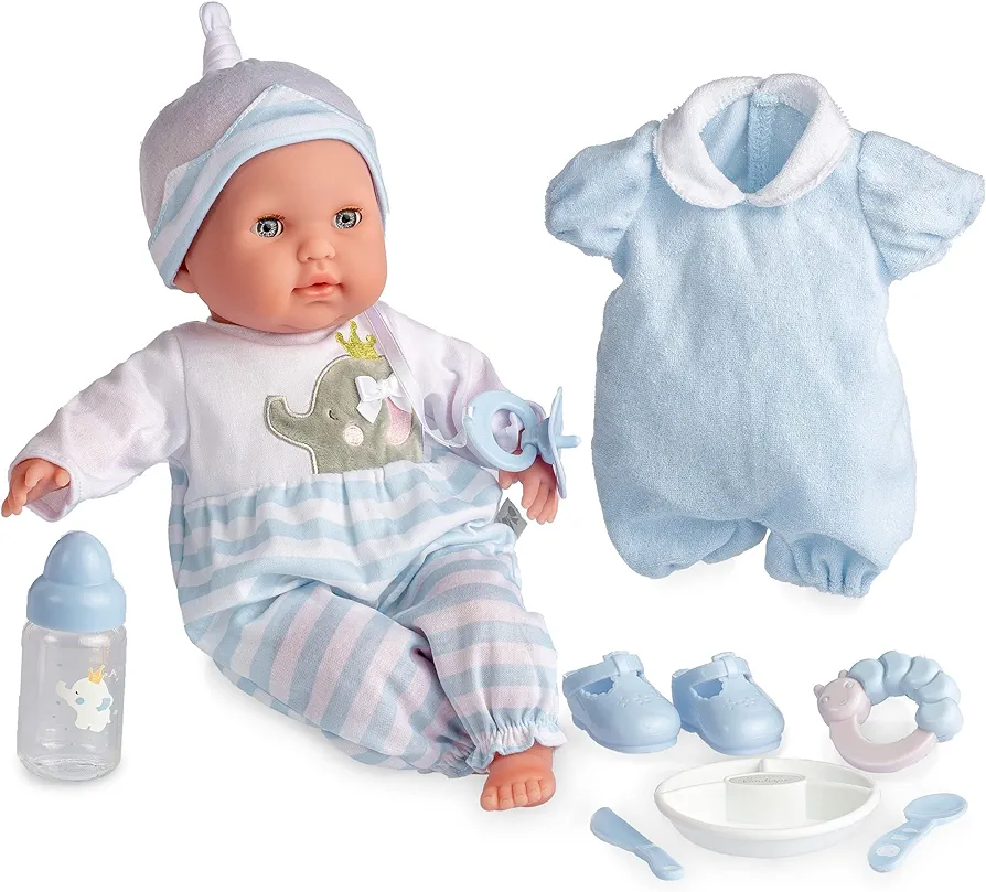 15" Realistic Soft Body Baby Doll with Open/Close Eyes | JC Toys - Berenguer Boutique | 10 Piece Gift Set with Bottle, Rattle, Pacifier & Accessories | Blue | Ages 2+