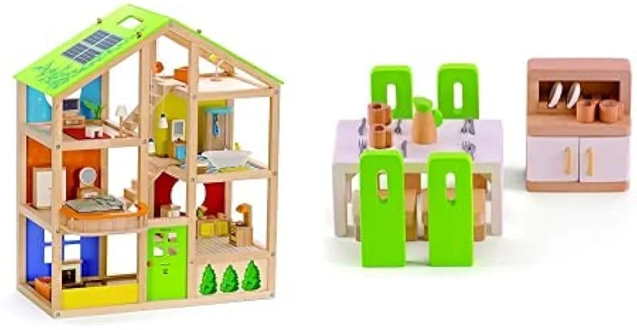 Hape All Seasons Kids Wooden Dollhouse Award Winning 3 Story Dolls House Toy with Furniture, Accessories, Movable Stairs and Reversible Season Theme & Wooden Doll House Furniture Dining Room Set