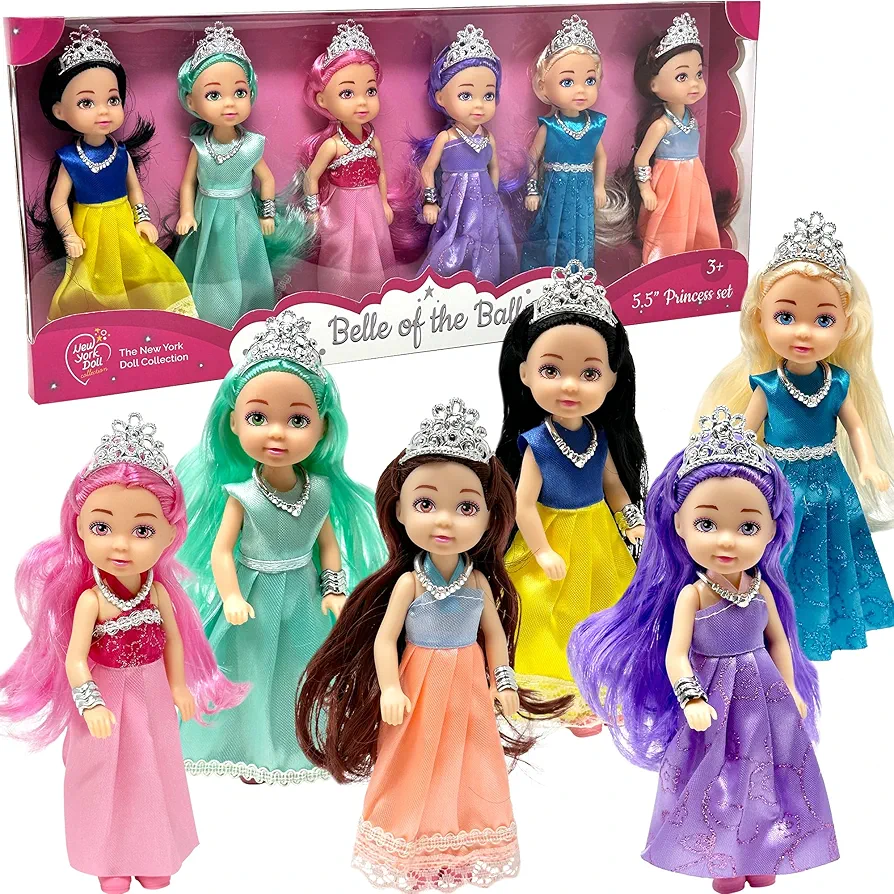 Little Dolls Set with Mini Princess Dolls for Girls – Princess Toy Dolls for Dollhouse –Small Doll Mini Princess Figures with Tiaras, Hair Accessories