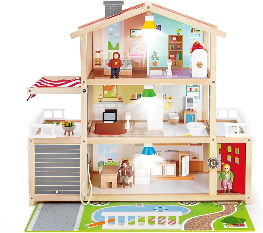 Hape Doll Family Mansion| Award Winning 10 Bedroom Doll House, Wooden Play Mansion with Accessories for Ages 3+ Years Multicolor, L: 31.6, W: 11.4, H: 28.4 inch