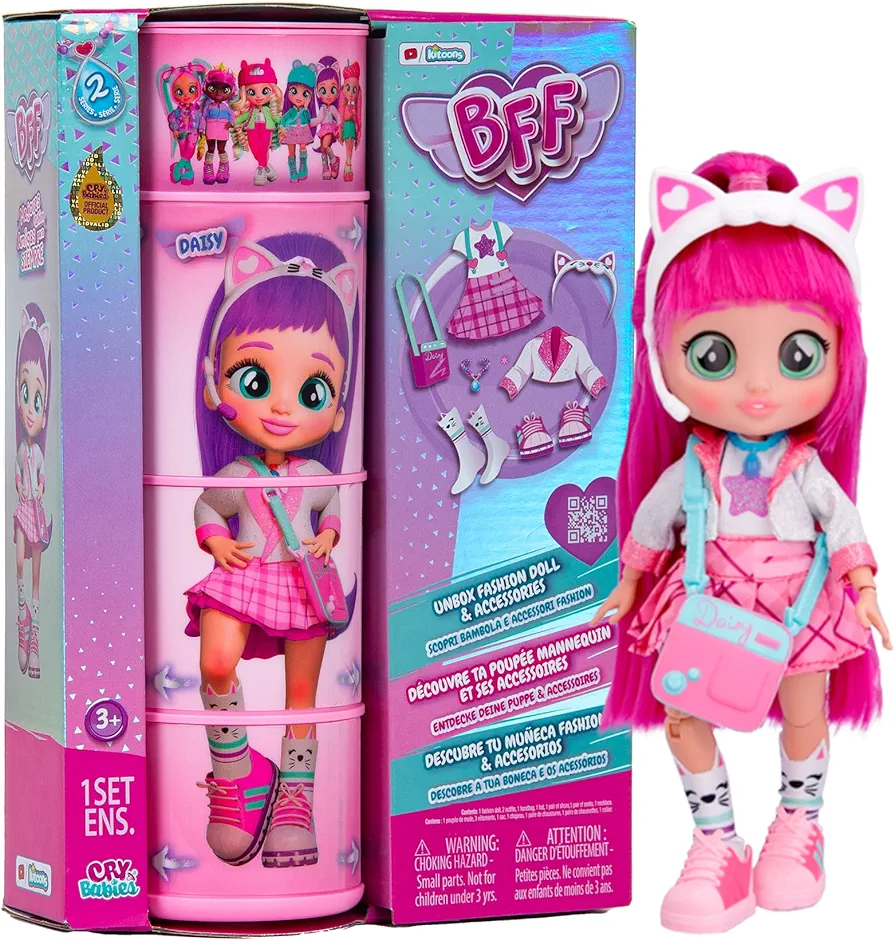 Cry Babies BFF Daisy Fashion Doll with 9+ Surprises Including Outfit and Accessories for Fashion Toy, Girls and Boys Ages 4 and Up, 7.8 Inch Doll, Multicolor