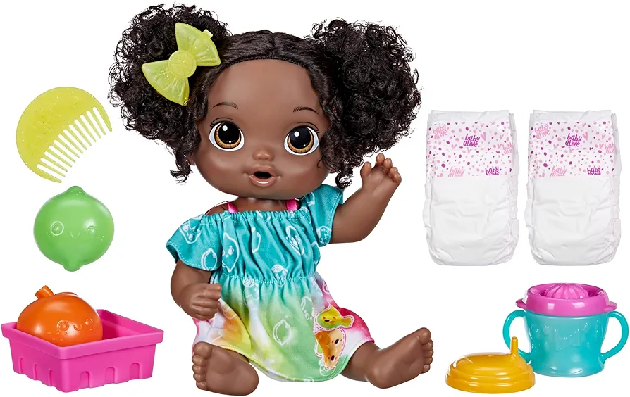 Baby Alive Fruity Sips Doll, Lime, Toys for 3 Year Old Girls, 12-inch Baby Doll Set, Drinks & Wets, Pretend Juicer, Kids 3 and Up, Black Hair