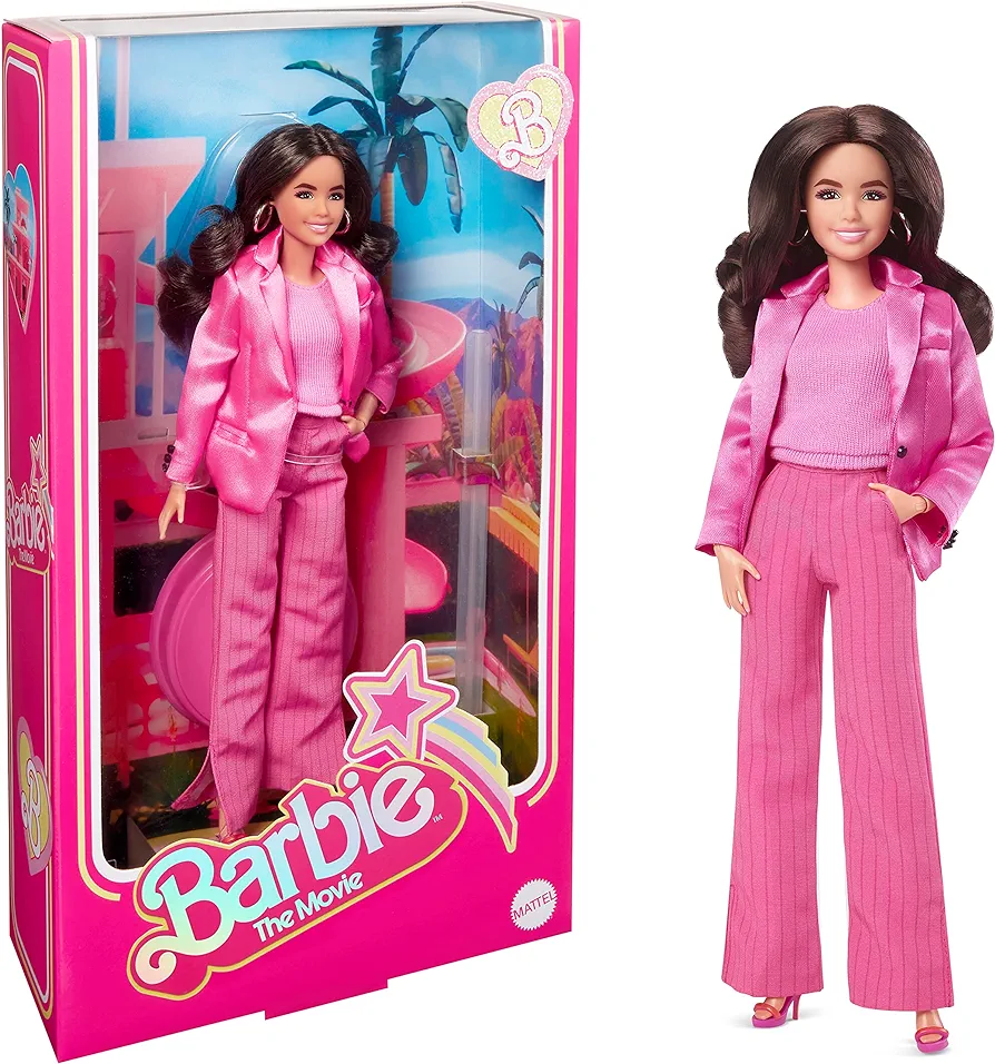 Barbie The Movie Doll, Gloria Collectible Wearing Three-Piece Pink Power Pantsuit with Strappy Heels & Golden Earrings