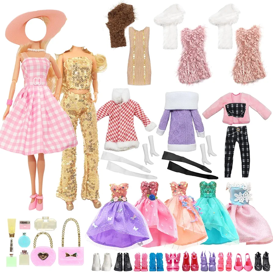 36 Pcs Doll Clothes for 11.5 inch Doll Include 1 The Movie Pink Dress 1 Sequn Outfits 1 Winter Set 3 Fashion Dress 1 Shawls 14 Makeup Kit 1 Hat 12 Shoes in Random Present for Girls