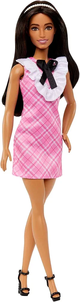 Barbie Fashionistas Doll #209 with Black Hair Wearing Removable Pink Plaid Dress, Pearlescent Headband & Strappy Heels