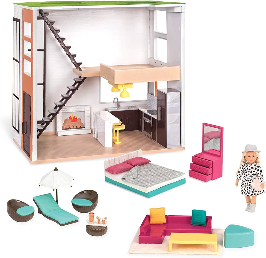 Lori Dolls – Living Room, Kitchen, Bedroom, Outdoor Patio Loft – Dollhouse & Accessories for Mini Dolls – Playset with 6-inch Doll – 3 Furniture Sets – 3 Years +,Multi Color,LO37071Z