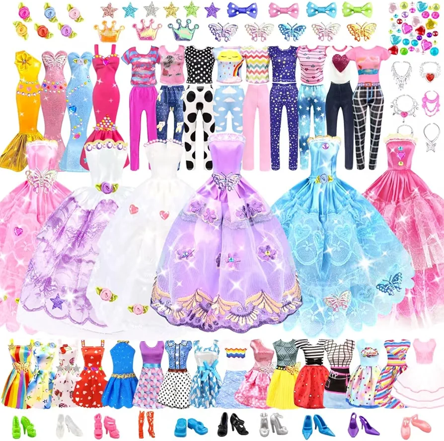 75Pcs Doll Clothes and Accessories Fashion Design kit for 11.5 Inch Doll Dress Up Including 2 Wedding Gown Dresses 1 Fashion Dress 2 Party Dress 8 Mini Dresses 3 Tops and Pants 10 Shoes 6 Necklaces