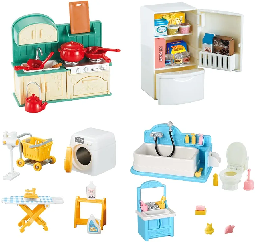 Dollhouse Furniture Set,Dollhouse Bathroom/Kitchen/Fridge/Washing Machine Laundry Set for Kids,Doll House Miniature Accessories,Educational Pretend Play Toys for Toddler,Boys,Girls