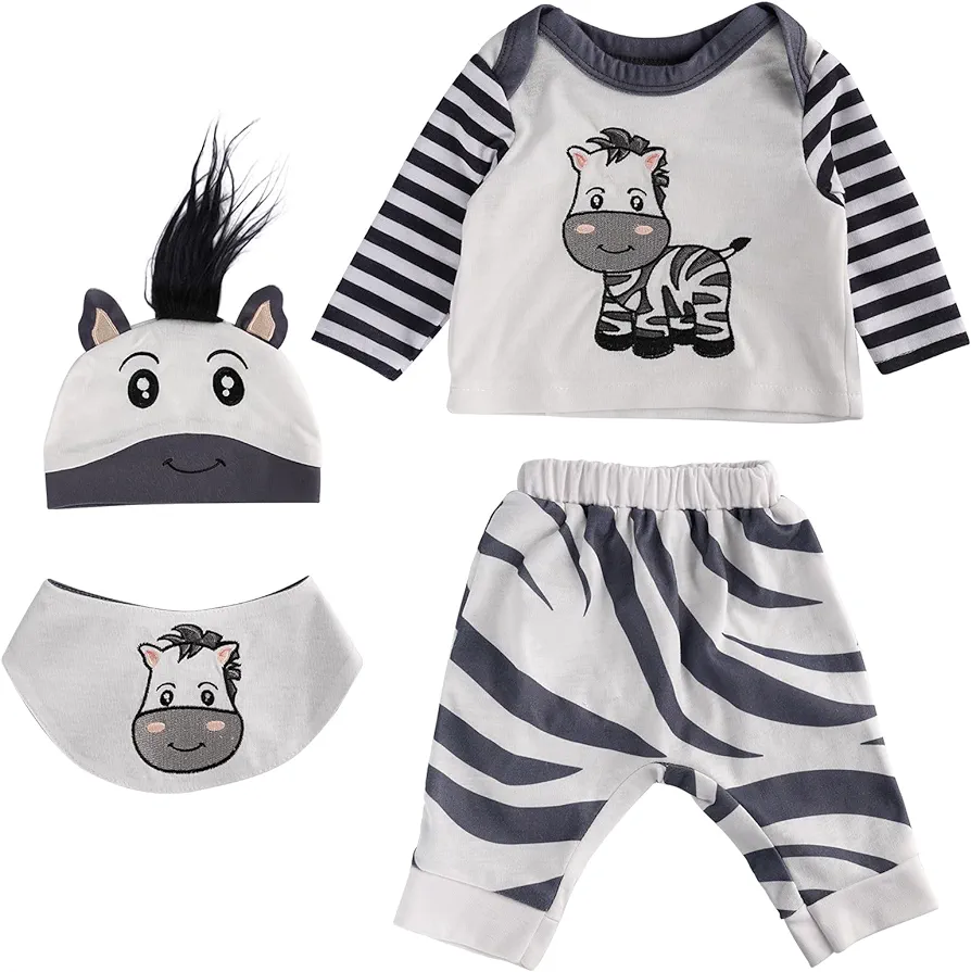 BABESIDE 4 Pcs Baby Doll Clothes Set for 17-22 Inch Reborn Baby Dolls, Cute Zebra Pattern Baby Doll Clothes and Baby Doll Accessories with for Realistic Baby Dolls Boy, White & Gray