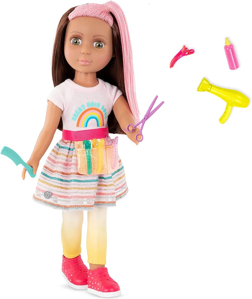 Glitter Girls – Lara14-inch Poseable Hairdresser Doll – Brown & Pink Hair – Blow Dryer, Hair Clips & Hairstyling Accessories – Toys for Kids Ages 3+