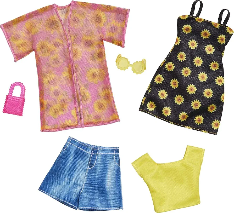 Barbie Fashions 2-Pack Clothing Set, 2 Outfits Doll Include Shirt, Shorts & Kimono, Sleeveless Sunflower Dress & 2 Accessories