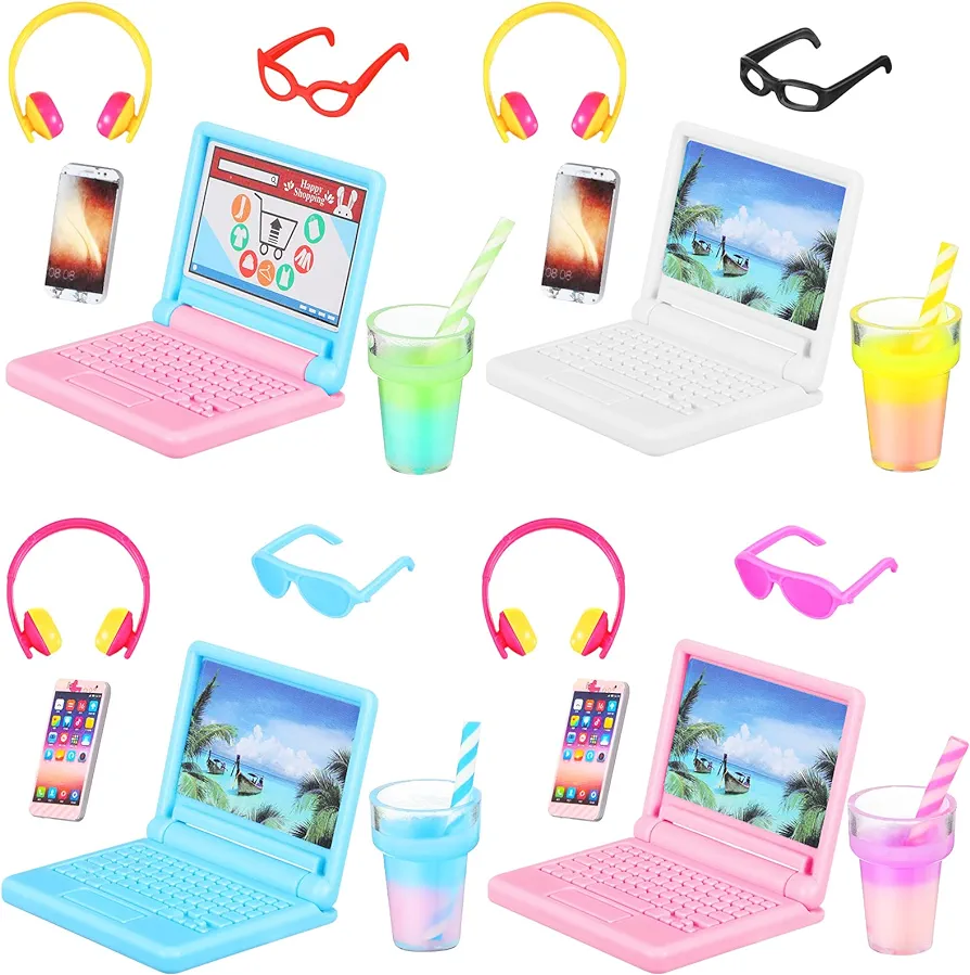 20 Pieces Dollhouse Accessories Doll Travel Accessories Mini Laptop Computer Phone Toy Miniature Glasses Headset Drink Toys Plastic Doll Accessories for Dolls (Cute Style)