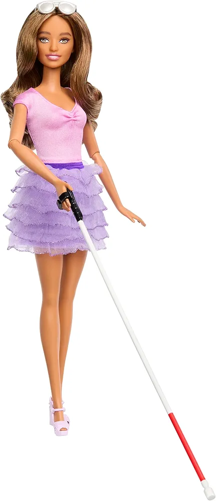 Barbie Fashionistas Doll #228, Blind Doll Wearing Pink Top and Ruffled Skirt with Cane and Sunglasses in Partnership with The American Foundation for The Blind