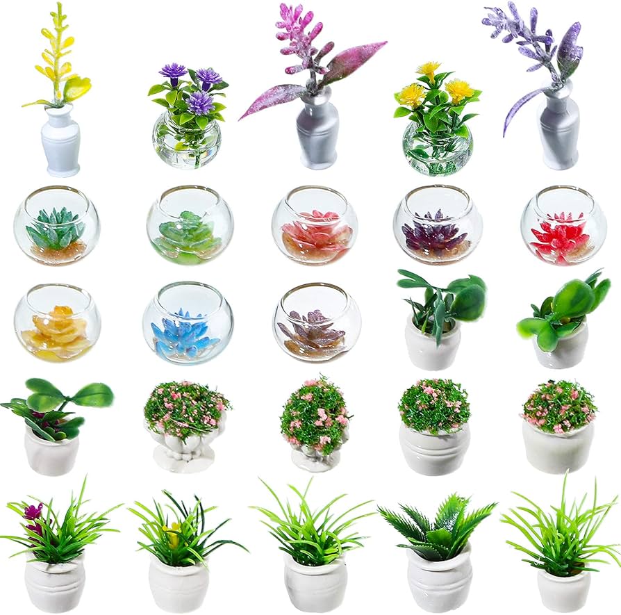 25 Pieces Dollhouse Potted Plants Miniature Artificial Plant Tiny Bonsai Model Mini Flowerpot Fake Succulent Doll House Mini Plant Model Figure for 1:12 Dollhouse Decor Mini Garden (Fresh Style)