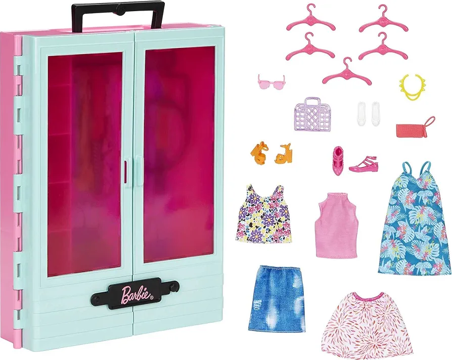 Barbie Closet Playset with 3 Outfits, Styling Accessories & Hangers, Mix & Match Clothes for 50+ Looks