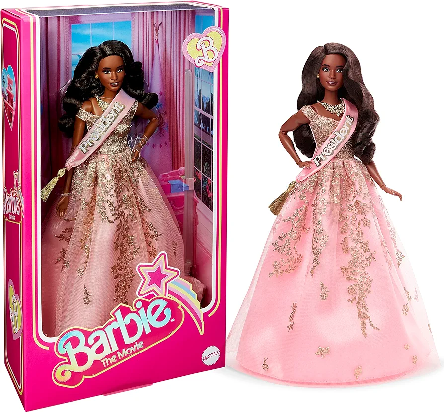 Barbie The Movie Doll, President Collectible Wearing Shimmery Pink & Gold Dress with Sash