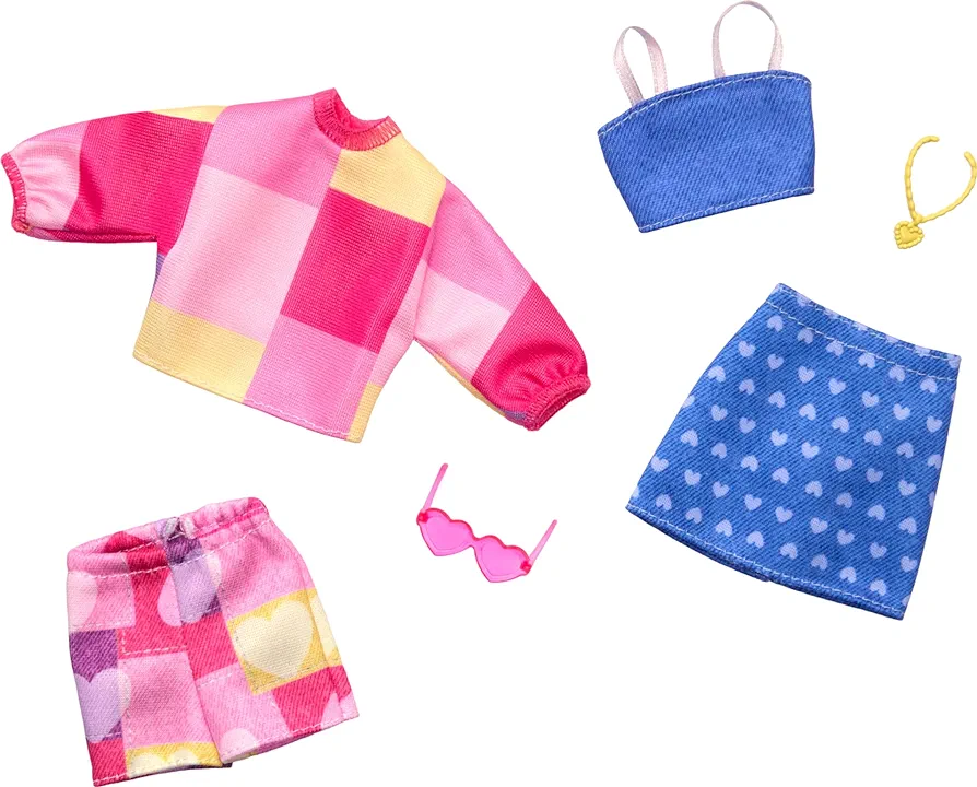 Barbie Fashion 2-Pack, Pink and Yellow Top and Shorts, Blue Tank and Skirt, Pink Sunglasses, Yellow Necklace