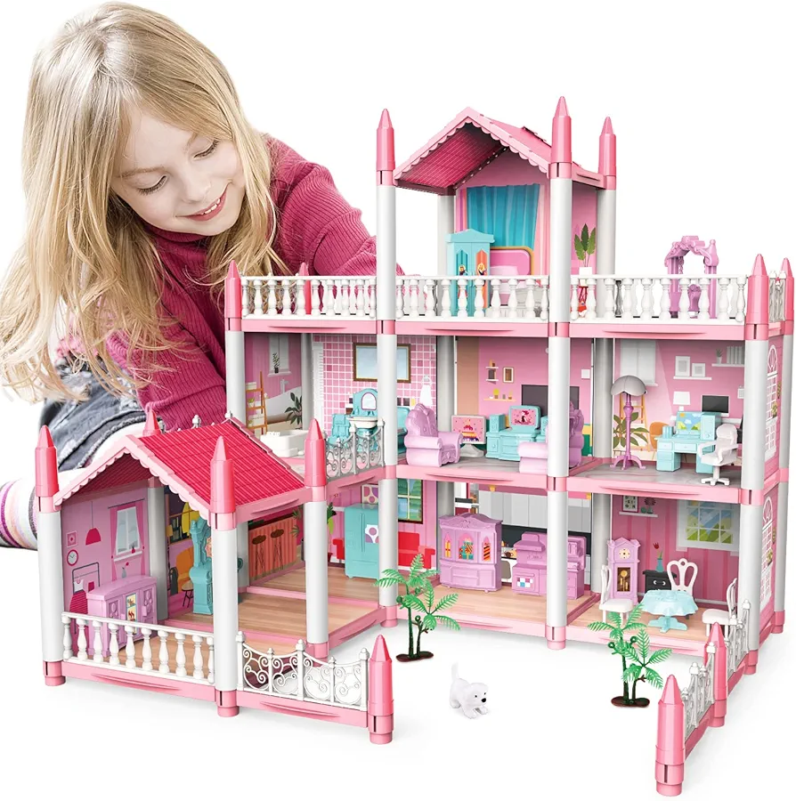 deAO Doll House Dollhouse - 3 Story 9 Rooms Pink DIY Pretend Play Building Playset, Dollhouse Asseccories and Furniture,Gift for 6 7 8 9 Girls Toddler