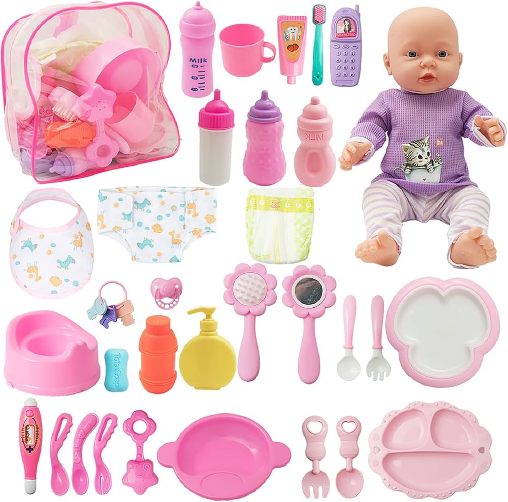 SOTOGO 34 Pieces Baby Doll Care Set Doll Feeding and Changing Accessories Set Baby Doll Accessories in Bag, without Doll