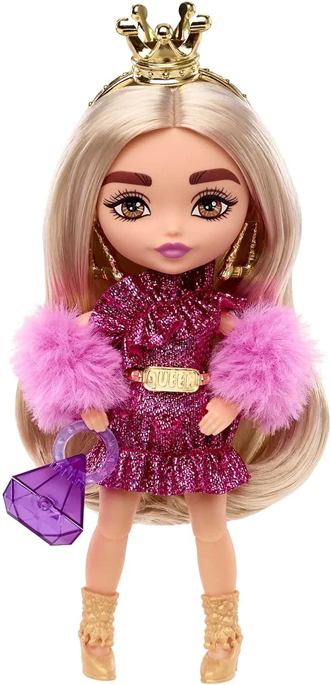 Barbie Extra Minis Doll & Accessories with Blonde Hair Wearing Shimmery Dress & Furry Shrug, 5.5-inch