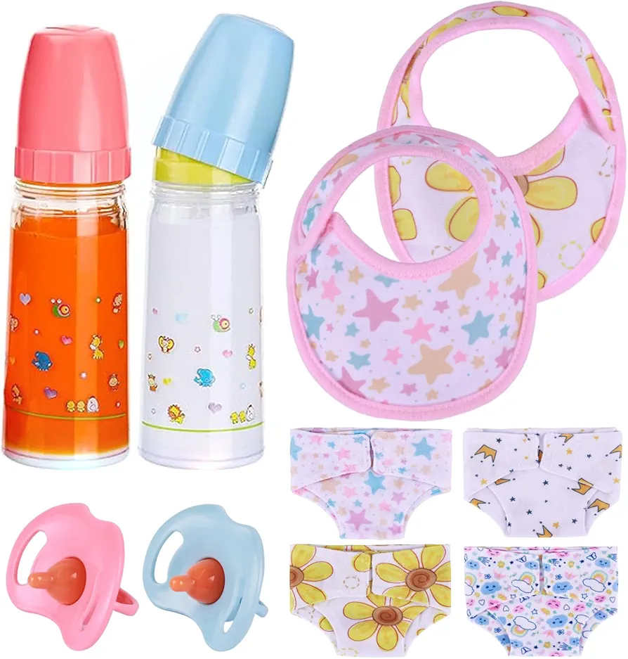 BABESIDE 10 Pcs Baby Doll Diaper Set Include Baby Doll Bottles with Disappearing Milk, Pacifier, Bibs, Diapers, Baby Doll Accessories Set, Pretend Play Feeding Toy for 12-15 Inches Dolls