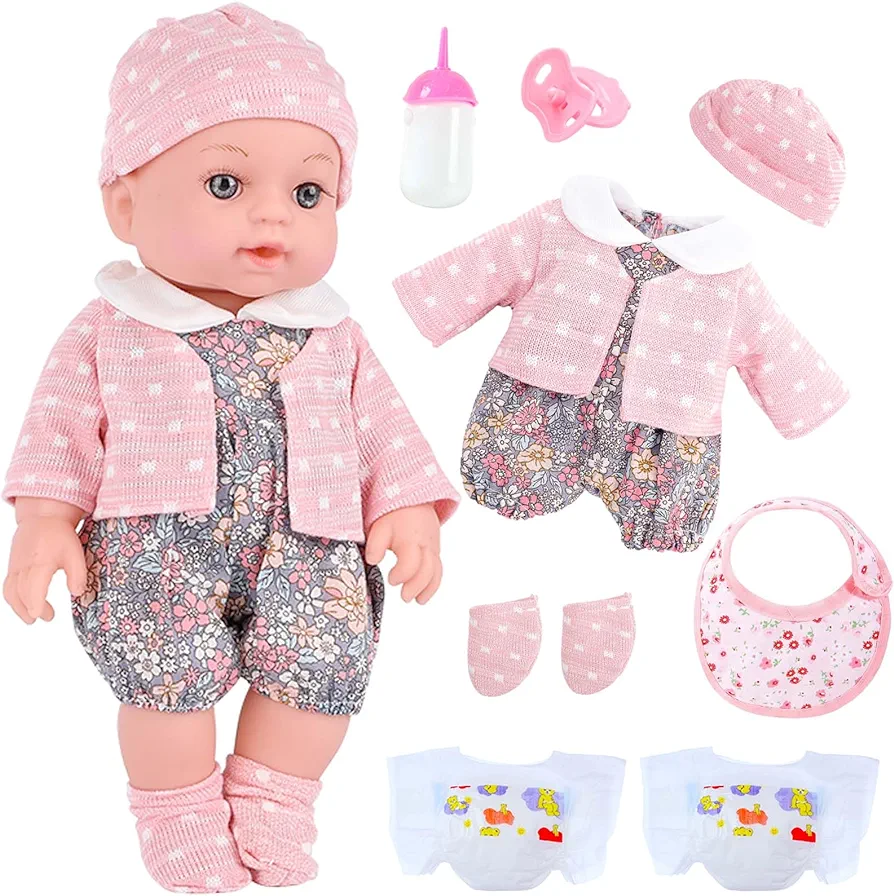 Realistic Baby Doll Set in Gift Box - 12 Inch Newborn Alive Baby Doll with Accessories and Clothes with Pacifier Feeding Bottle Diapers Hat Bib Socks Stuff Gift Idea for Ages 3+