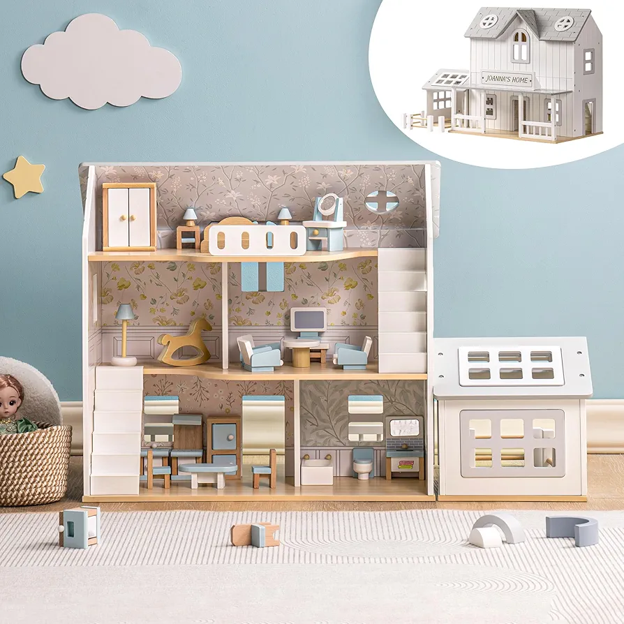 ROBOTIME Dollhouse, Wooden Doll House with 25 Pieces of Furniture, 6 Rooms, Wooden Dollhouse with Stable for 4, 5, 6-Inch Dolls, Dollhouse Gift for Kids Ages 3+