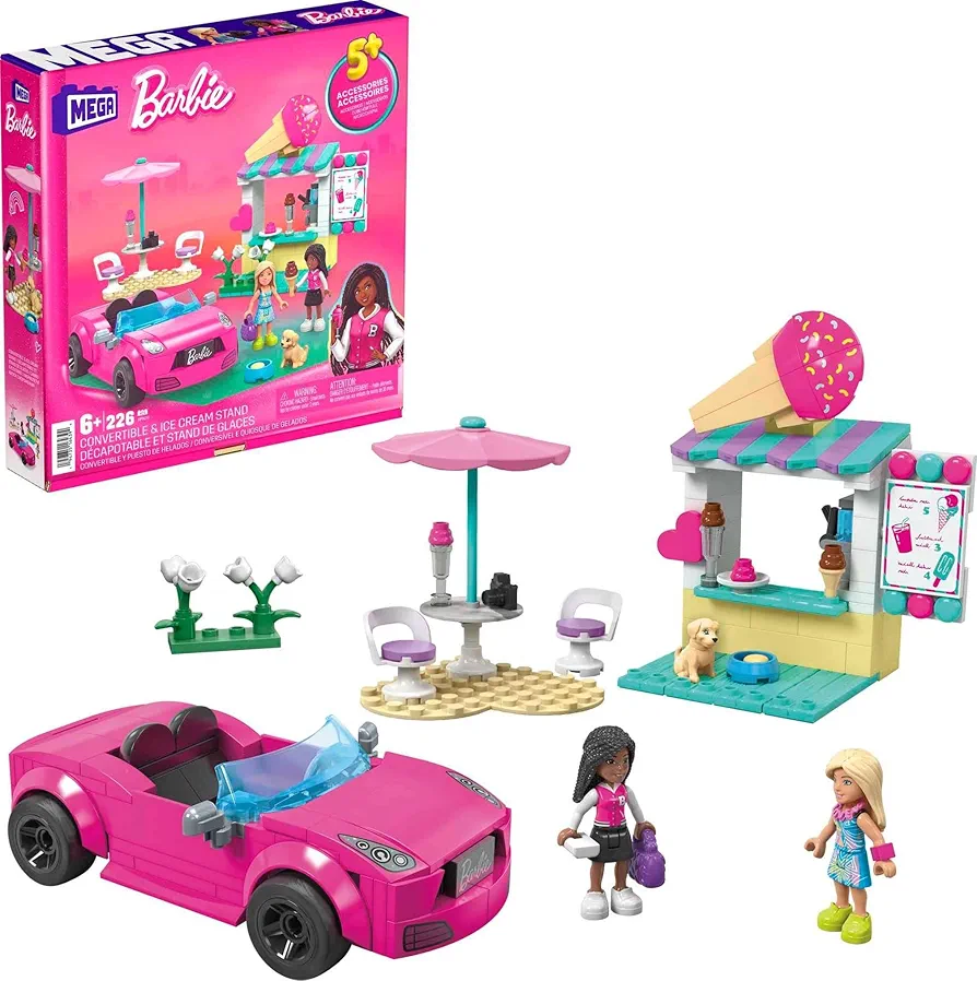 Mega Barbie Car Building Toys Playset, Convertible & Ice Cream Stand with 225 Pieces, 2 Micro-Dolls and Accessories, Pink,