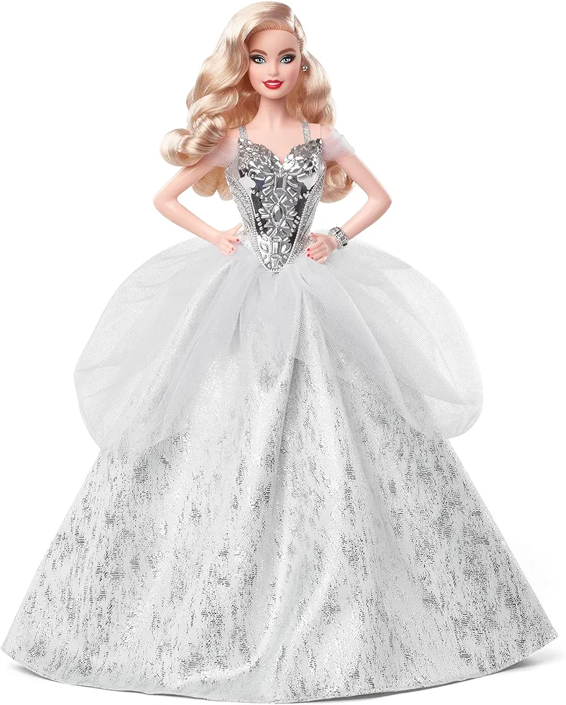 Barbie Signature 2021 Holiday Doll (12-inch, Blonde Wavy Hair) in Silver Gown, with Doll Stand and Certificate of Authenticity, Gift for 6 Year Olds and Up