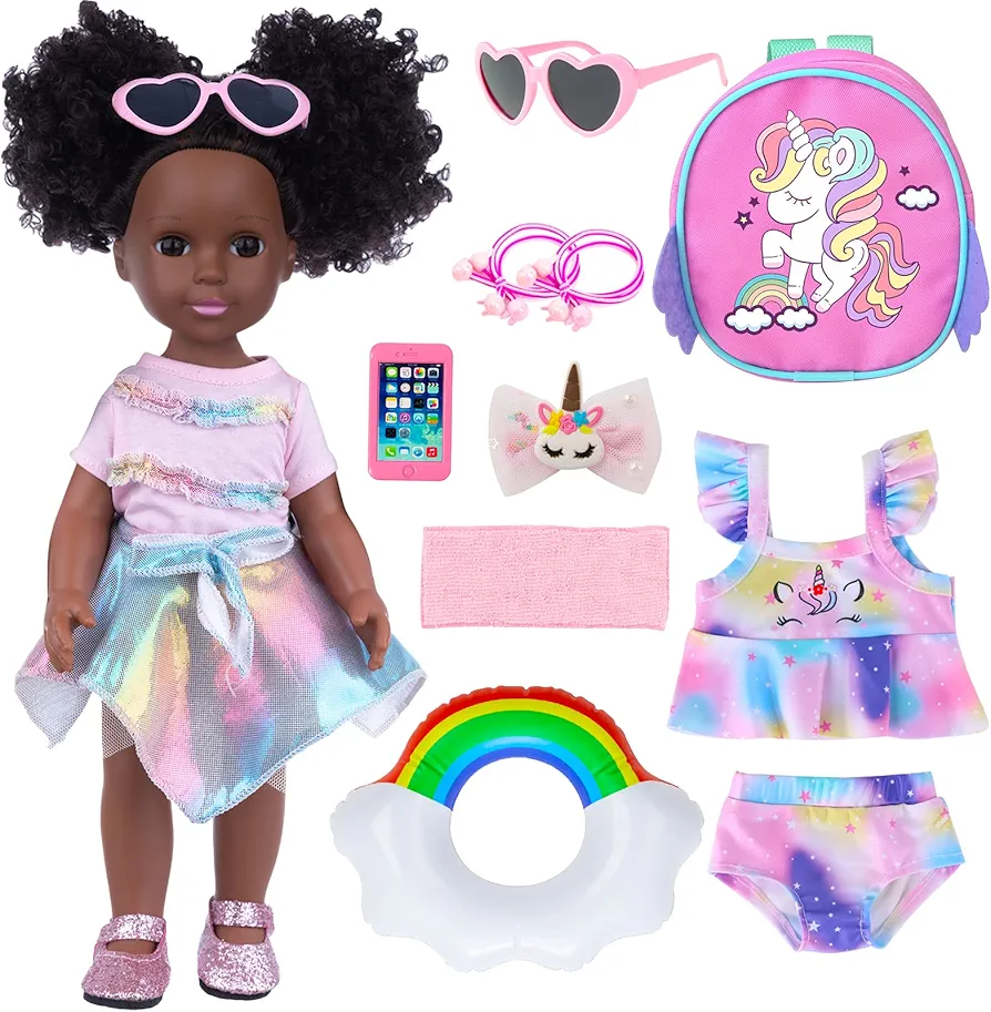 Black Dolls and Black Baby Doll Accessories - 14.5 Inch Silicone African Baby Doll with Clothes Unicorn Theme Doll Swimsuits Best Gift for Girls Kids