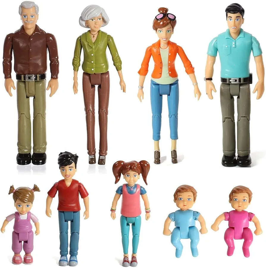 Sweet Li'l Family Dollhouse People Set of 9 Action Figure Set - Grandpa, Grandma, Mom, Dad, Sister, Brother, Toddler, Twin Boy & Girl