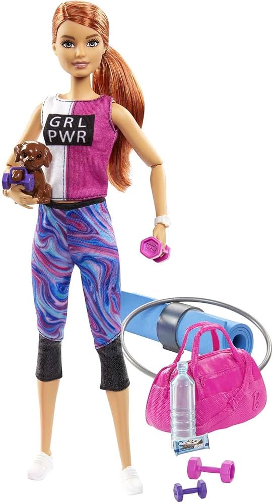 Barbie Doll, Red-Haired Fitness Doll with Puppy & 9 Accessories Including Yoga Mat with Strap, Hula Hoop, Weights & Bag