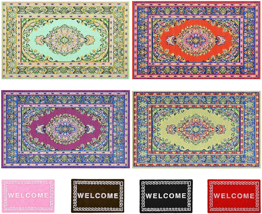 8 Pieces 1:12 Miniature Carpet Dollhouse Accessories, Includes 4 Pieces Turkishness Floral Print Vintage Woven Rugs, 4 Pieces Mini Welcome Floor Blanket Dollhouse Blankets Doll House Furniture Decor