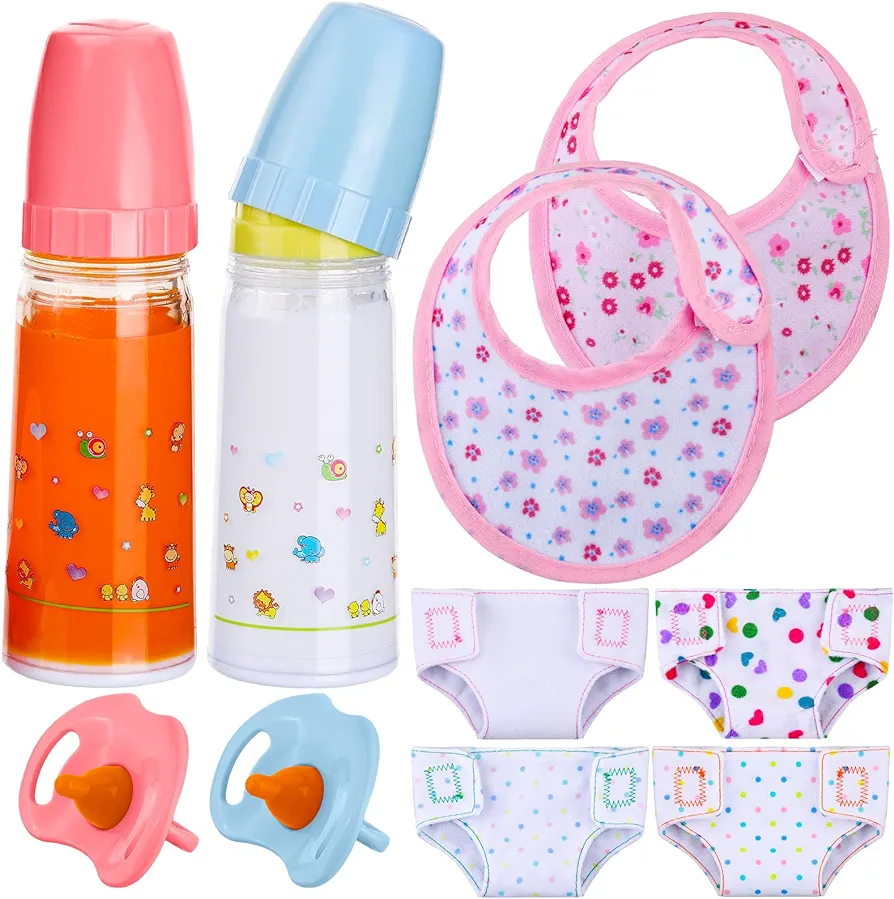 Shappy 10 Pcs Baby Doll Accessories Set Include Disappearing Milk and Juice Bottles, Pacifier, Bibs, Diapers, Baby Doll Feeding Set, Toy Baby Bottles for Dolls for Girls Christmas Birthday Gift