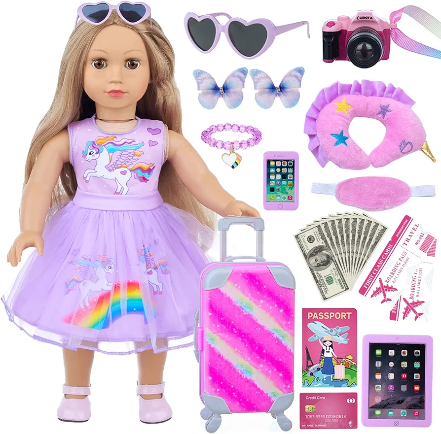 American18 Inch Doll Clothes and Accessories Travel Suitcase Play Set- Girl Doll Accessories Including Suitcase Luggage , Pillow, Sunglasses, Camera, Passport, Phone for Girls 18" Doll(No Doll)