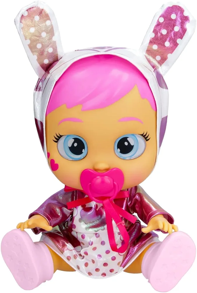 Cry Babies Stars Coney -12" Baby Doll | Pink and White Shiny Iridescent Dress with Bunny Themed Hoodie, for Girls and Kids 18M and Up