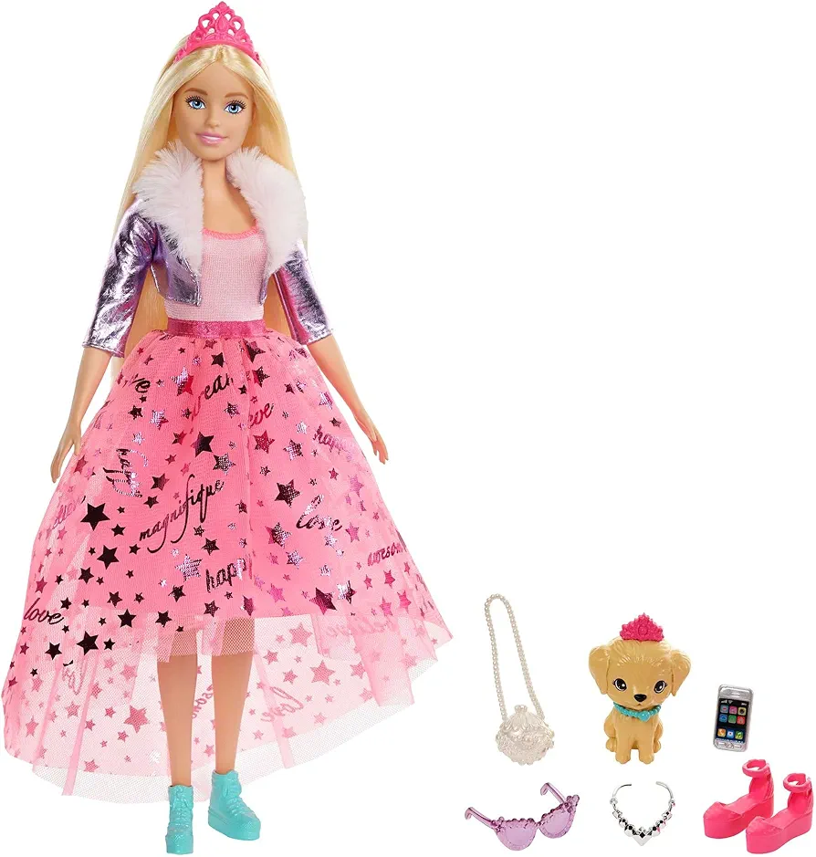 Barbie Princess Adventure Doll in Princess Fashion (12-in Blonde) Doll with Pet Puppy, 2 Pairs of Shoes, Tiara and 4 Accessories, for 3 to 7 Year Olds