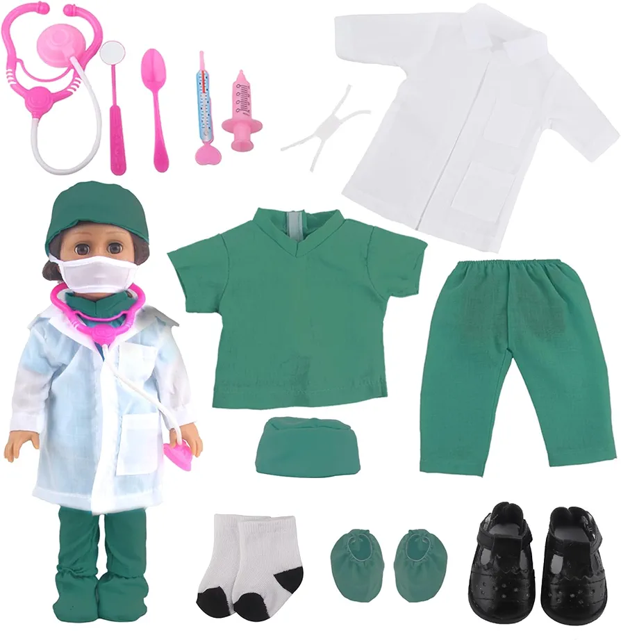 Doll Doctor Outfits and Medical Kit Accessories for 18 Inch Fashion Dolls, includes White Coat, Green Scrubs, Doctor Surgical Gown and Tools Playset for 18 in Girl and Boy Dolls