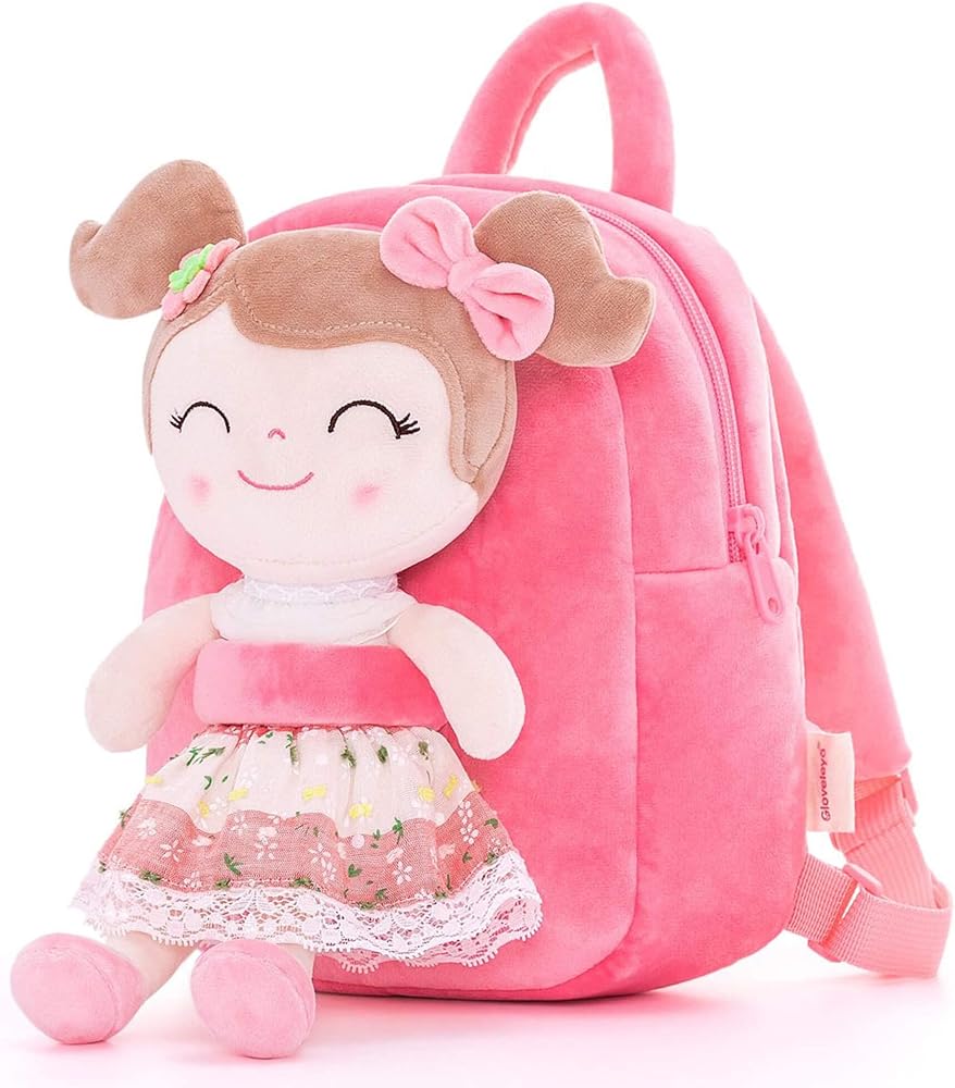 Gloveleya Toddler Backpack Baby Girl Gift Plush Bag Diaper Bag with Spring Girl Doll Pink 9 Inches