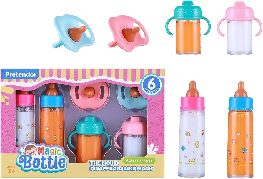 6 Pieces Magic Disappearing Milk and Juice Bottle with Pacifier,Pretend Play Feeding Toy Set for Girl,4 Bottles and 2 Pacifiers Baby Doll Accessories