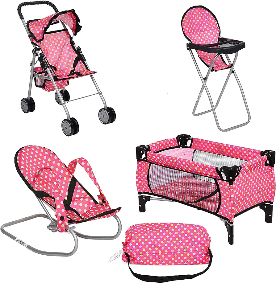 fash n kolor 4 Piece Doll Play Set, includes - 1 Pack N Play. 2 Doll Stroller 3.Doll High Chair. 4.Infant Seat, Fits Up to 18'' Doll (4 Piece Set)