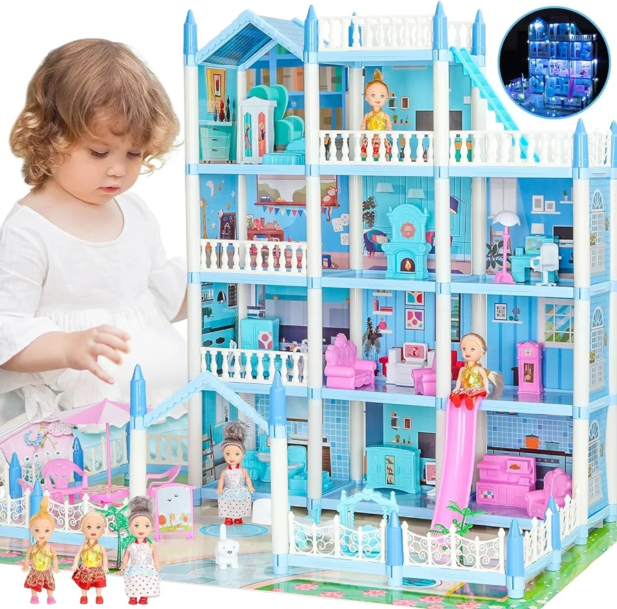 4 Stories 29 Inch Big Doll House 7-8, Dream Dollhouse with Furniture Accessories, 3 Dolls, Lights, Toddler Doll Houses for 4-5 Years Old Girls Boys Pretend Cottage Toy House Gift for Kids 3+