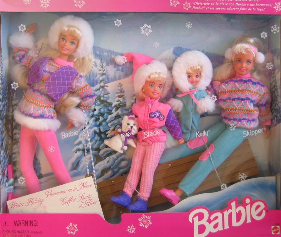 BARBIE WINTER HOLIDAY Set SLEDDING FUN w 4 DOLLS (Skipper, Kelly, Stacie & Barbie), Koko (Dog), SLED & More (1995)