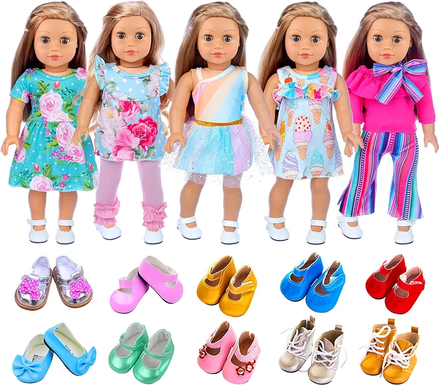 ZITA ELEMENT 11 Pcs American Doll Clothes Dress and Accessories for 18 inch Doll - 5 Sets Doll Outfits + 2 Pairs Random Style Shoes for 18 Inch Doll