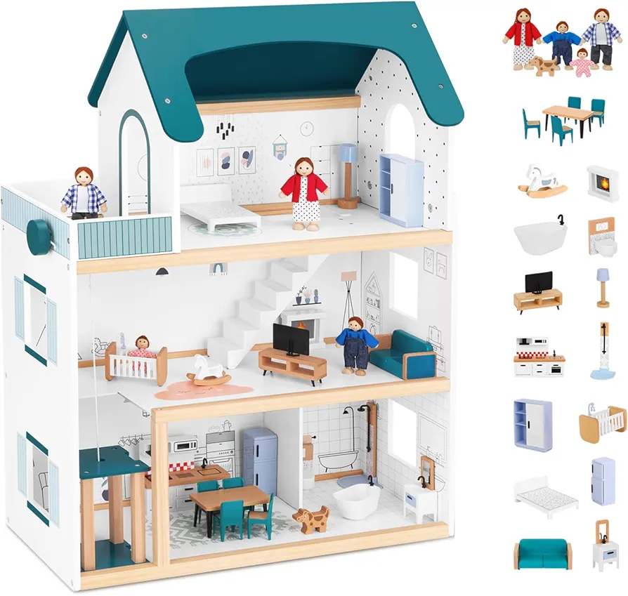 Wooden Dollhouse with Liftable Elevator - 2.6 Feet High Modern Doll House for Kids Toddlers - Including 21 Furniture Pieces, 4 Family Dolls, and 1 pet