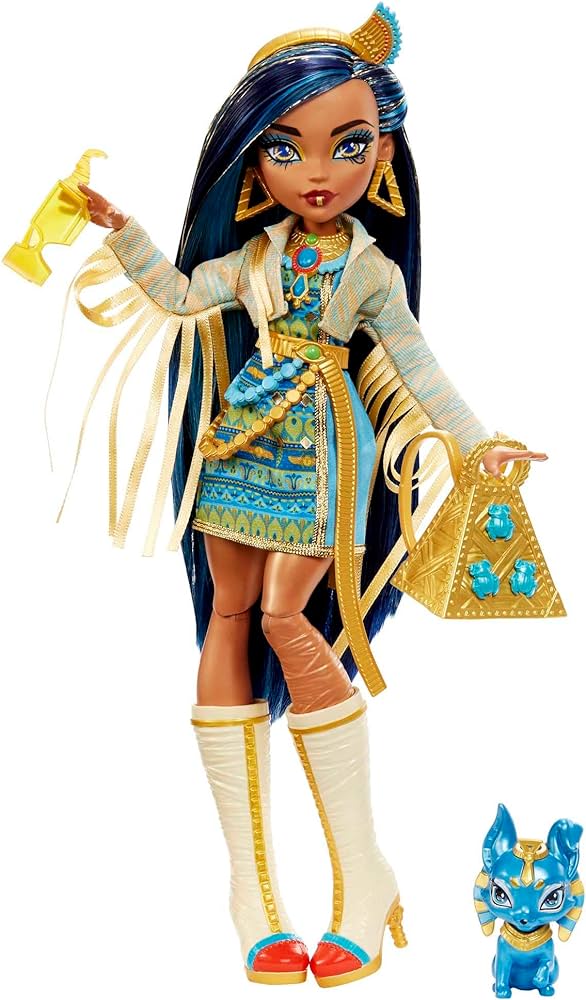 Monster High Doll, Cleo De Nile with Blue Streaked Hair in Signature Look with Fashion Accessories & Pet Dog Tut