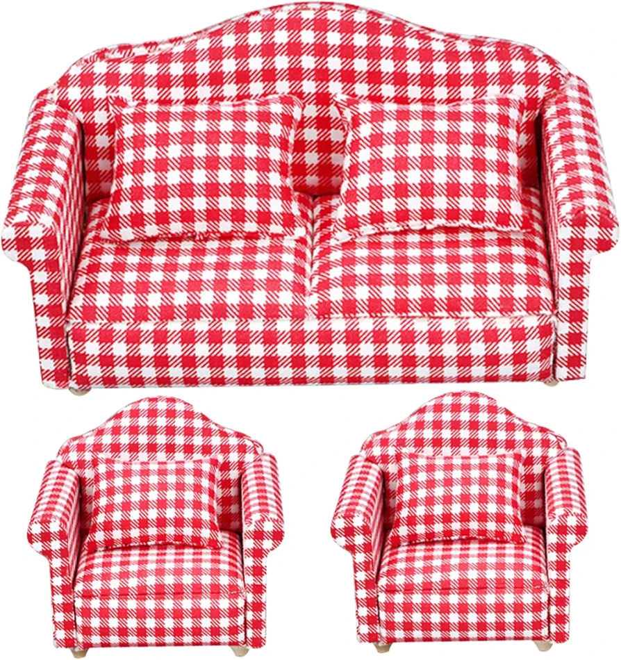 3Pcs Dollhouse Couch with Pillow Dolls House Furniture, Mini Dollhouse Sofa 1/12 Scale, Dollhouse Furniture and Accessories Toys for Dollhouse Living Room Arm Chairs Red