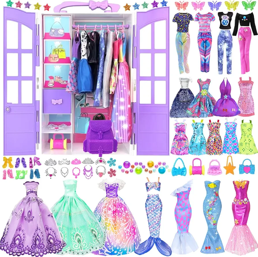 94pcs Doll Clothes and Accessories with Doll Closet for 11.5 inch Fashion Design Kit Girl Doll Dress Up Including Long Princess Dress Outfits and Shoes Handbags Necklaces DIY Bead Stickers