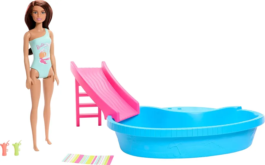 Barbie Doll & Pool Playset, Brunette in Seafoam Blue One-Piece Swimsuit with Pool, Slide, Towel & Drink Accessories