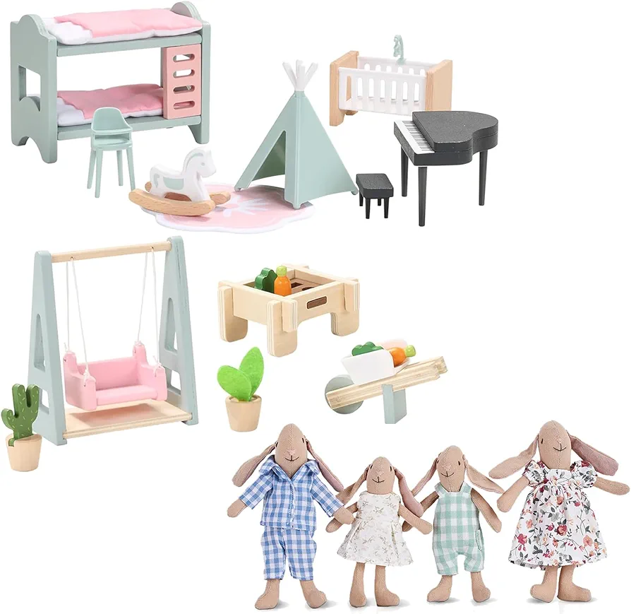 Giant bean Bunny Toys for Kids, 4 PCS Hand Made Rabbit Family Dolls, 20 PCS Wooden and Plastic Dollhouse Furniture Set